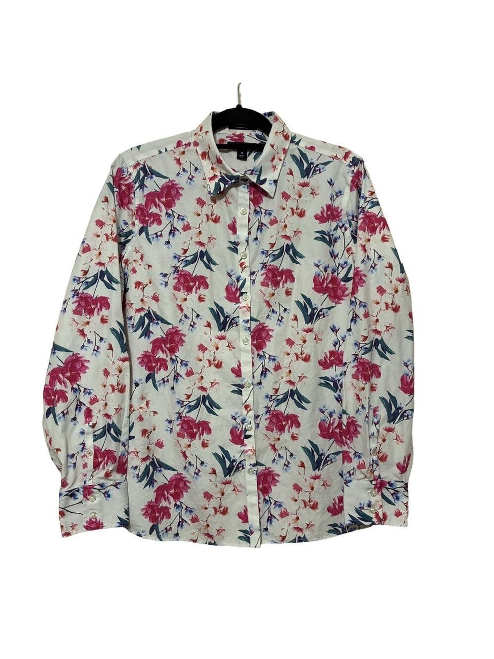 Lands’ End No Iron Supima Cotton Floral Button Up Shirt Women’s 14 Long Sleeve